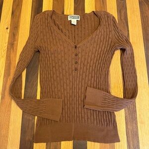 VTG Y2K Women Ribbed Knit Sweater M Brown V Neck Preppy Minimalist Bella Elena